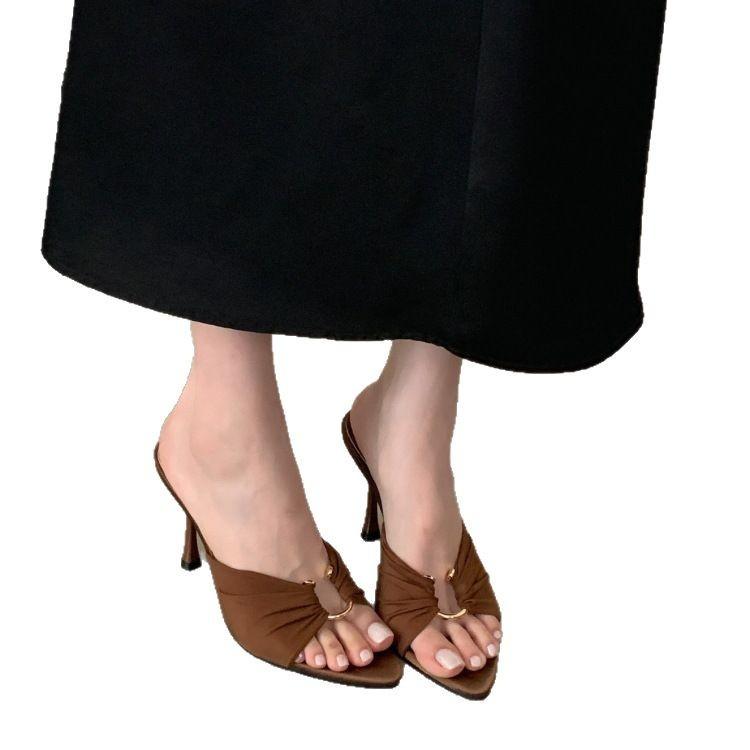 Stiletto High Heels 2025 Summer New Pleated Metal Buckle Pointed Open-toed Sandals Sexy Stiletto Women's Shoes