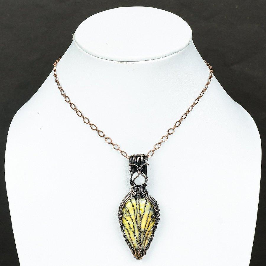 Yellow Dendritic, Moonstone Gemstone Copper Wire Wrap Jewelry Pendant 2.56"