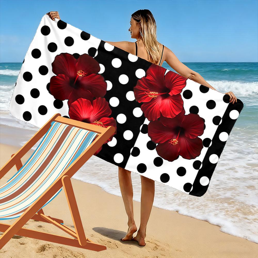 Red Hibiscus On Polka Dots Beach Towel Quick-drying for Travel Outdoor Sports Jogging Beach and Swimming