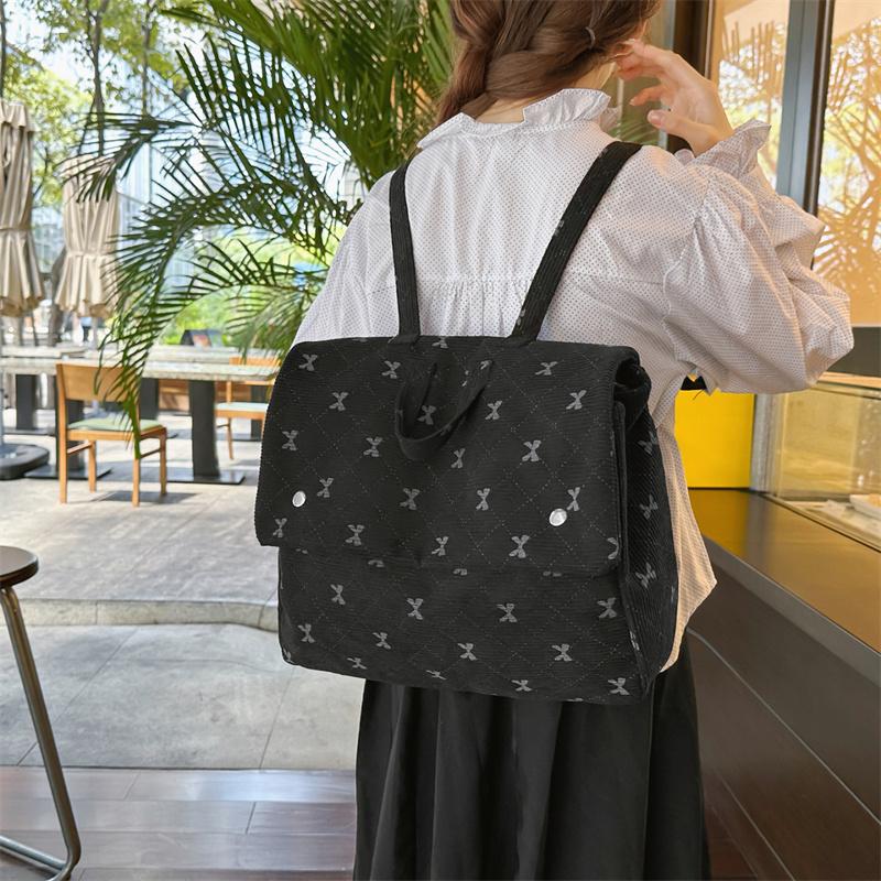Vintage Corduroy Backpack Women's Bow Print Large Capacity Backpack