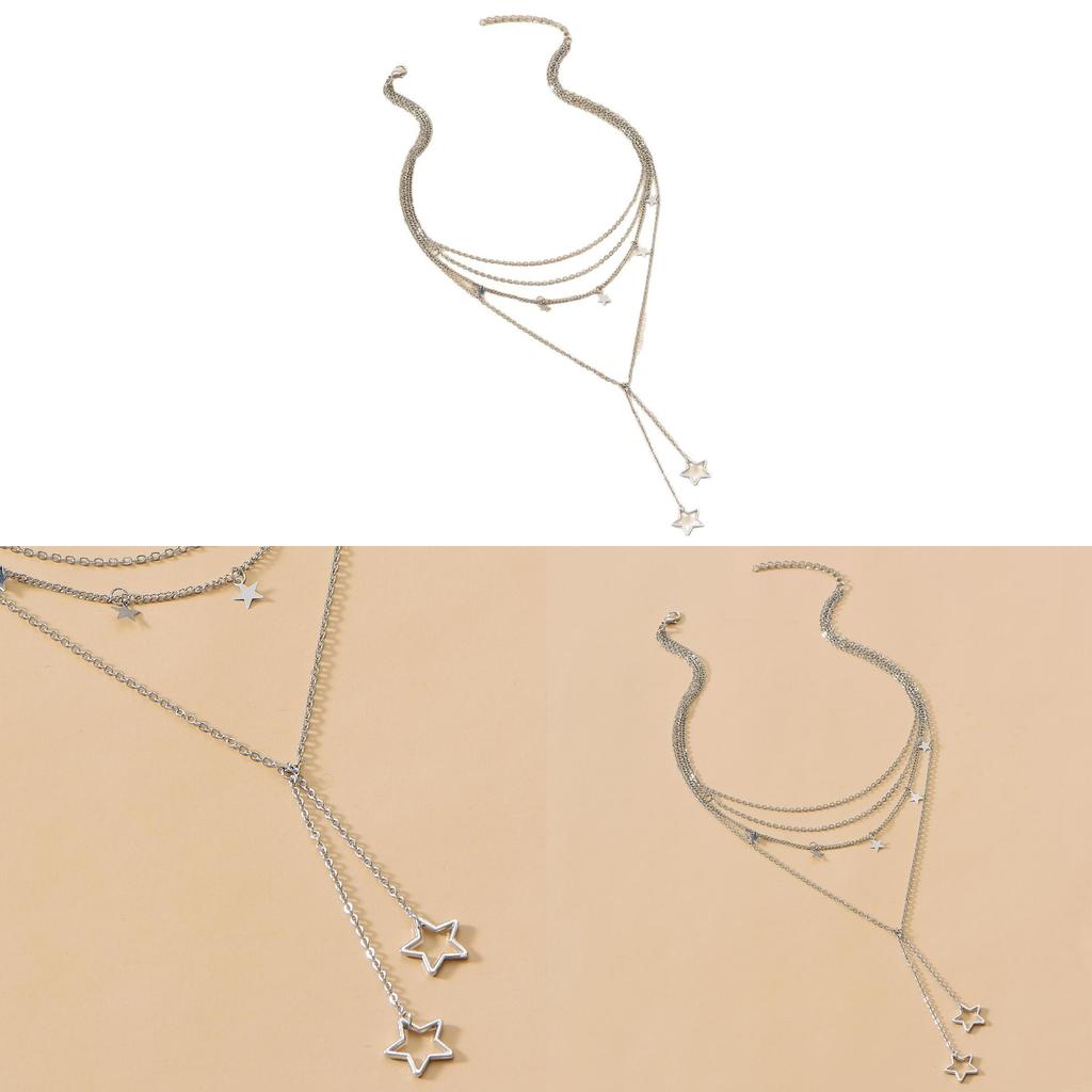 Starshaped Multilayer Chain Necklace With Silver Electroplated Finish For Women