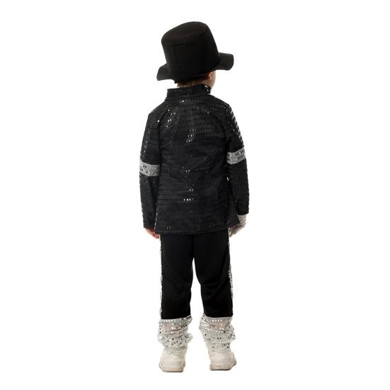 Musician Halloween Costume Set for Kids, Black Sequin Jacket, Trousers, Hat, Gloves, 80s 90s Retro Stage Outfits for Disco Party, Fancy Dress
