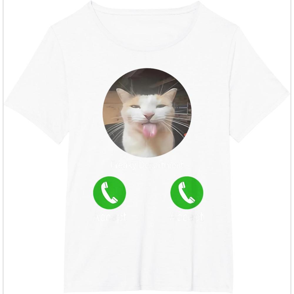 

Funny Cat Meme Black T-Shirt Call Buttons Tongue Out Cat Print Casual Versatile Short-Sleeved Women s Basic Crew Neck Top 3XL