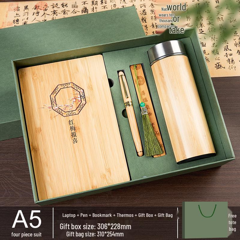 Custom Wooden Notebook & Thermos Gift Set: Plum, Orchid, Bamboo, Chrysanthemum Designs for Teachers & Clients, Perfect for Graduation Season