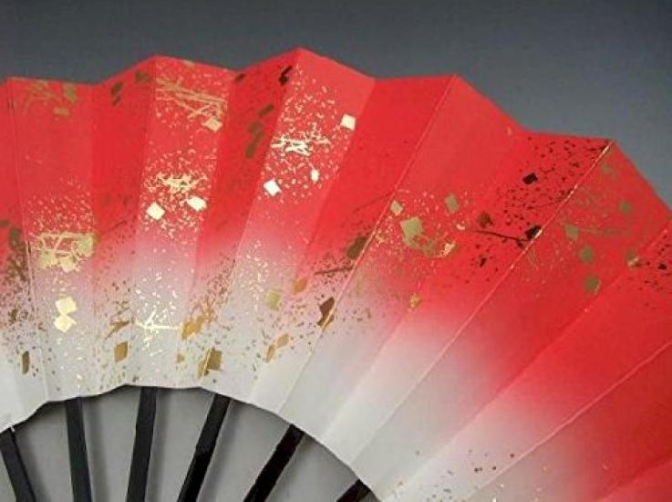 Dance Fan Flowing Water Black Lacquered Fan for Dancing "Ai" (Love), 1200-1529, Design, Gradient, 9.5 Inches, Bone, Box, (Red)