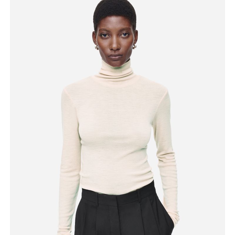 Mernu Wool Blend Sweater Turtleneck Basic White Slim fit Slimming Angora Knit Bottoming Shirt French style
