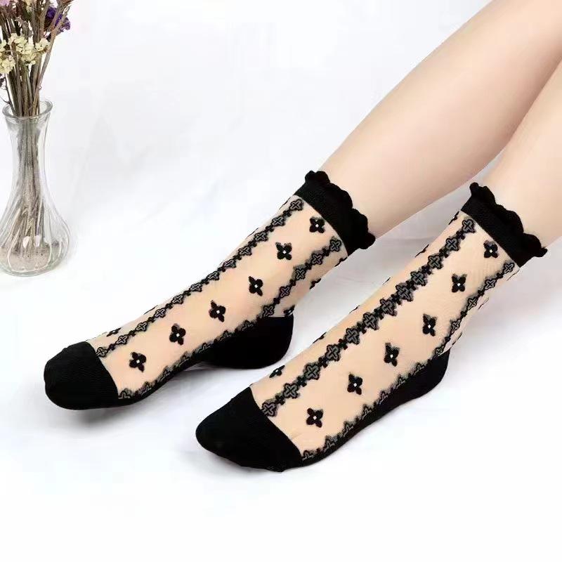 Women's Lace-Trim Breathable Non-Slip Cotton Stockings
