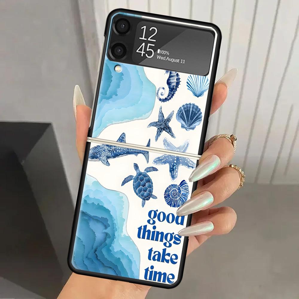 Чехол для телефона Samsung Galaxy Z Flip 7 6 5 4 3 Черный ZFlip7 ZFlip6 Flip5 Flip4 Flip3 5G с рисунком Морская звезда Океан Морская черепаха Акула, Жесткий ПК Samsung Z Flip