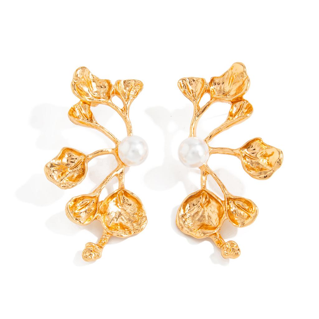 Design Wind Metal Leaf Stud Earrings Women, Fashion Imitation Pearl Flower Earrings Earrings