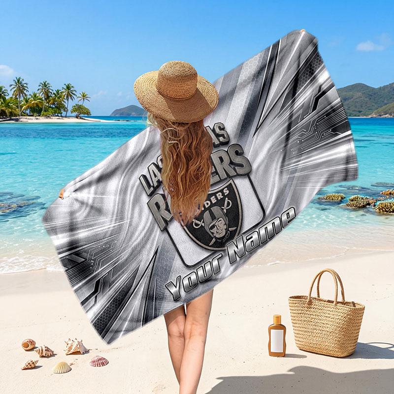 Las Vegas Raiders Customized Name Text Beach Towel, Soft Absorbent Towel Beach Pool Travel Personal Gift