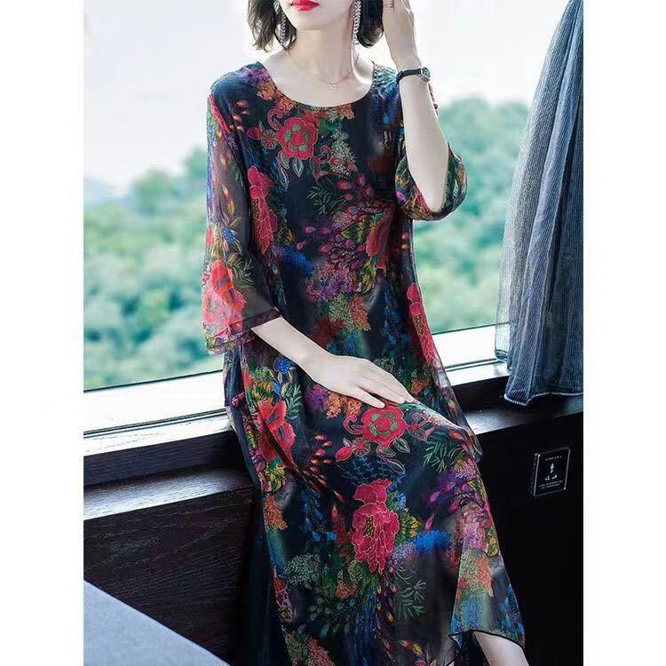 Boussac Western Stampa Floreale Donna Mezza Manica Vestidos Mujer Elegante Abito in Seta 5xl