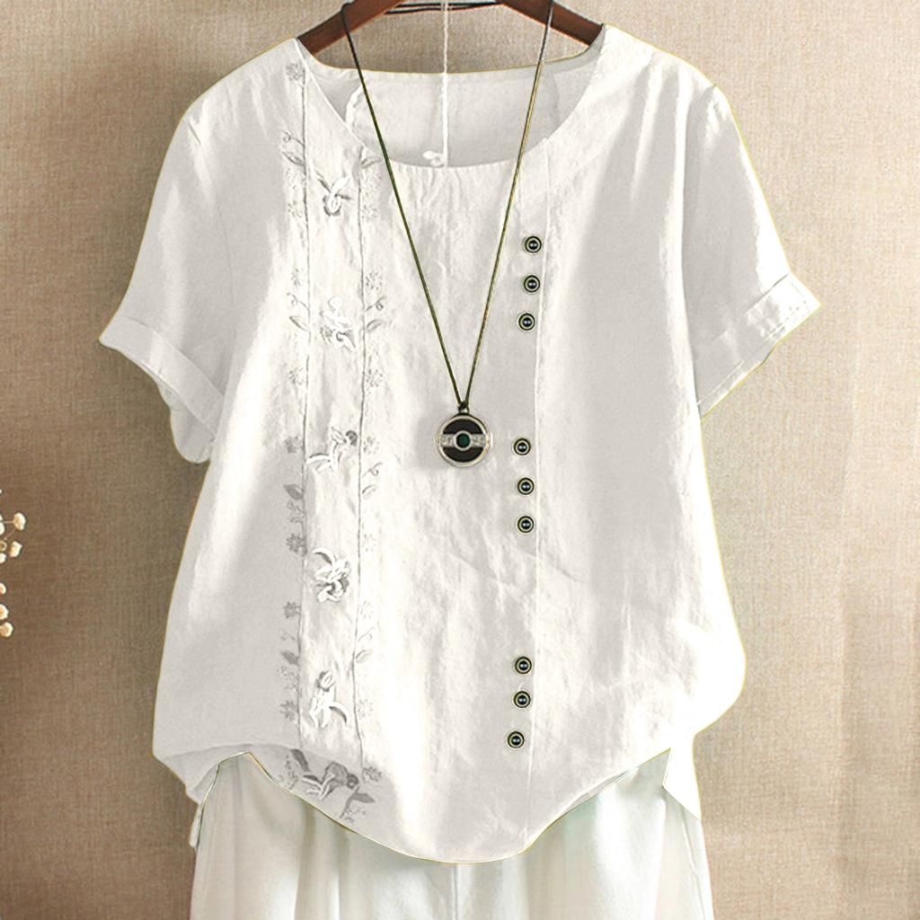 Women's Fashion  Color Loose Casual Round Neck Cotton Linen Top