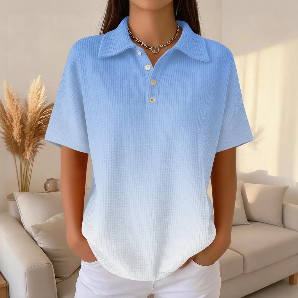 Polo Décontracté à Manches Courtes pour Femme en Tricot Gaufré Col Boutonné Coupe Ample Haut Léger pour un Usage Quotidien