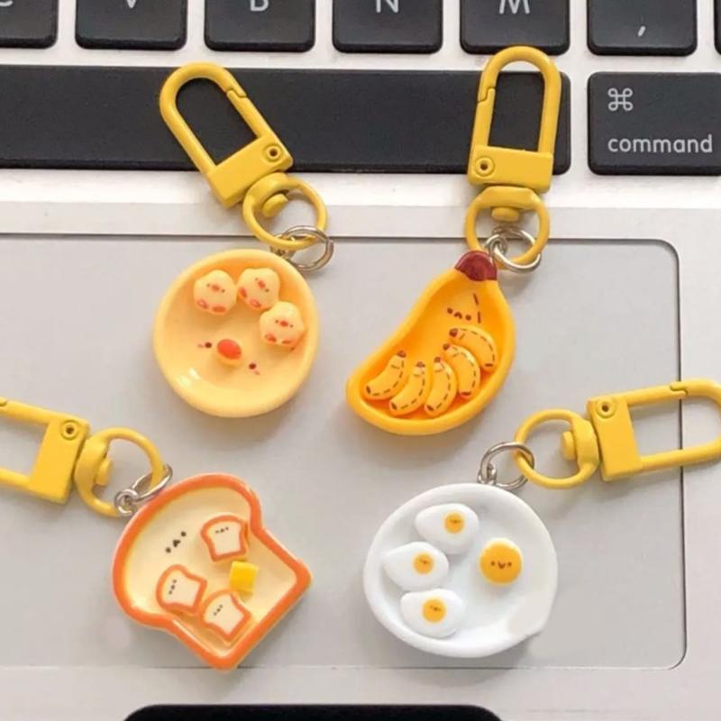 Cute Breakfast Plate Pendant Fun Simulation Food Play Keychain Creative Toast Banana Key Ring Accessorie Girly Heart Bag Lanyard