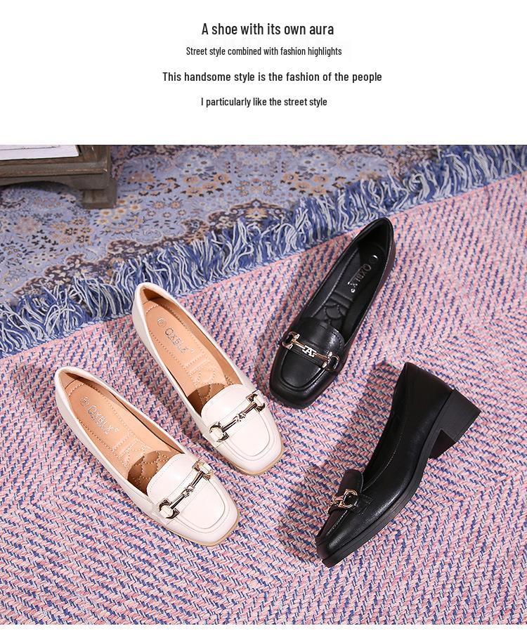 Women's 2026 New Style Black Leather Loafers - Soft Sole, Comfortable, Low-Cut Chunky Heel, Square Toe, Spring/Autumn.
