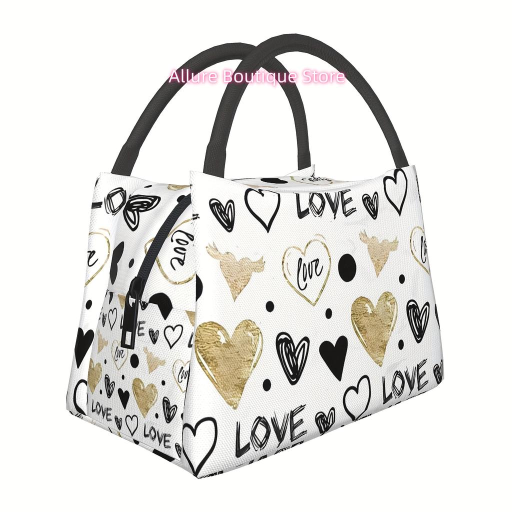 1pc Black And White Heart Reusable Cooler Bag, Insulated Bag, Insulated Lunch Bag, For Camping Picnic Beach Suitable