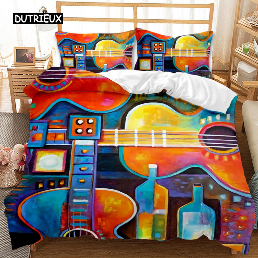 Für Teenager - Gitarren Bettwäsche-Set Einzelbett Rockmusik Deckenbezug-Set Hip Hop Hippie Tagesdecke Blau Gitarre Polyester Bettwäsche-Set