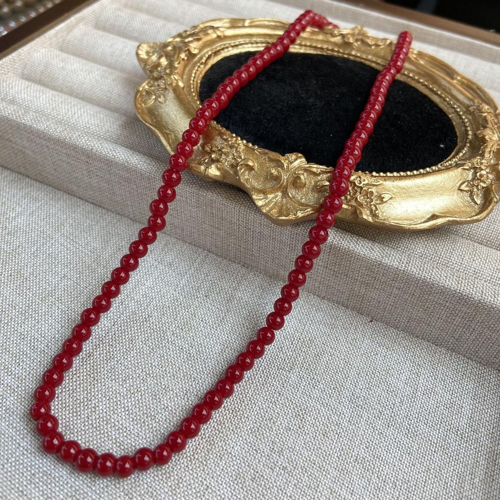 New Chinese Red-Green 4Mm Glazed Bead Necklace Female White Lobster Buckle Clavicle Chain Temperament Neck Chain