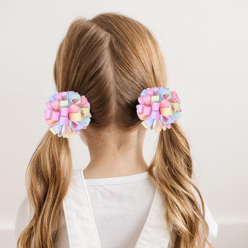 2Pcs New Ribbon Flower Hair Clips Rainbow-coloured Hydrangea Ponytail Holder Hairpins Girl Children's Kids Headwear Accessories