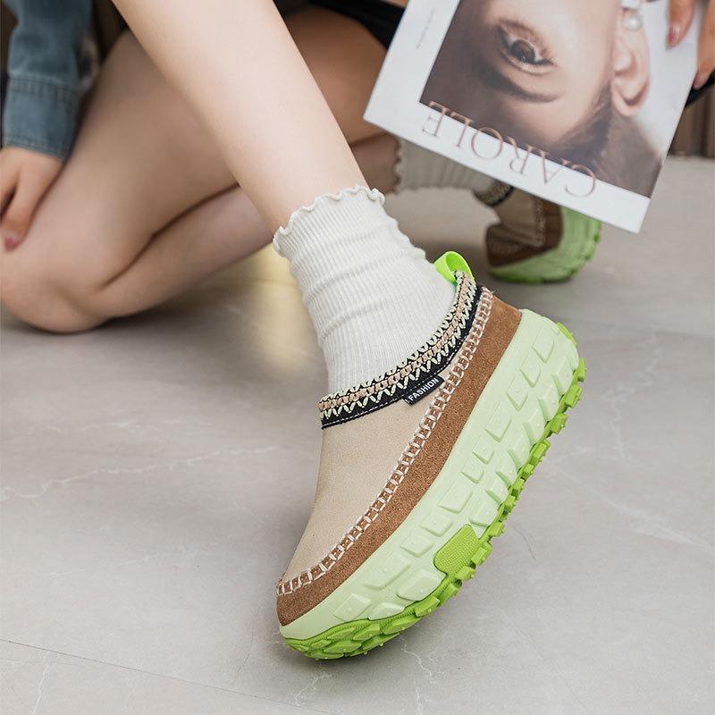 Winter New Leather Thick Velvet Tire Bottom Snow Boots Women's Retro Famous Style One-pedal Lazy Women's Cotton Boots