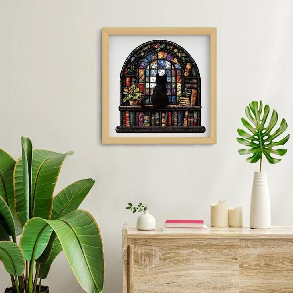 Window Cat Wooden Jigsaw Puzzle, Church Cat Art, Irregular Shaped Pieces, Adult Brain Teaser Stress Relief Game, Unique Wooden Puzzle Gift, DIY