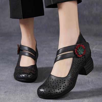 Fashion GKTINOO 2025 Spring Fashionable Flower Genuine Leather Pumps Hollow Out Thick Heels Strap Mid Heel Soft Sole Mom Shoes Sandals
