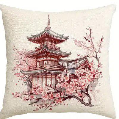 Home Decor Japanese Pagodas With Cherry Blossoms And Sun Pattern Cushion Cover Suitable For Sofa Bedroom Car Pillow Cover