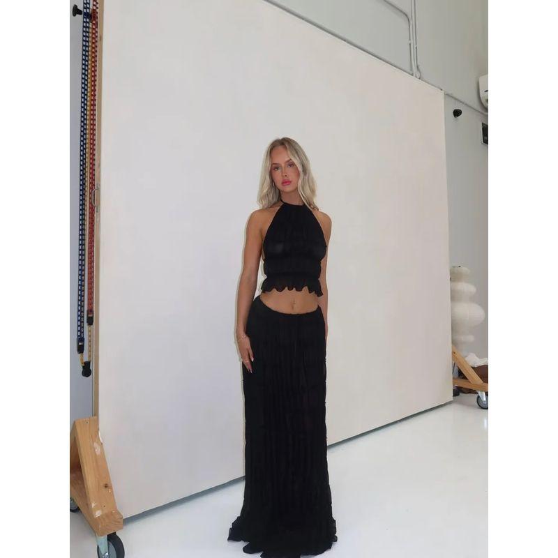 Roman Island Holiday French style Lazy Gyaru Pleat Sexy Backless Hanging Neck Sling Long Skirt Two-piece Set