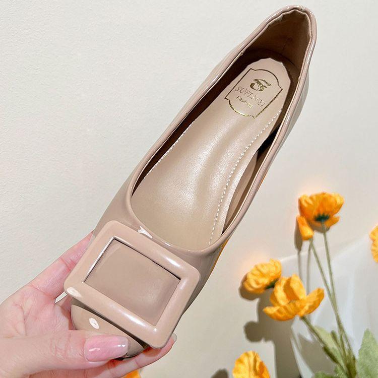 Height-increasing Square Head Single Shoes Women's Spring and Autumn 2025 New Versatile Square Buckle Light Mouth Nude Soft Patent Leather Flats