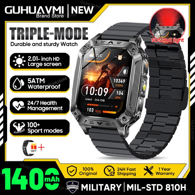 New Outdoors Durable Military Men Smart Watch 1400mAh battery 5ATM Swim LED flashlight+SOS Red Light Sports Call Smartwatch