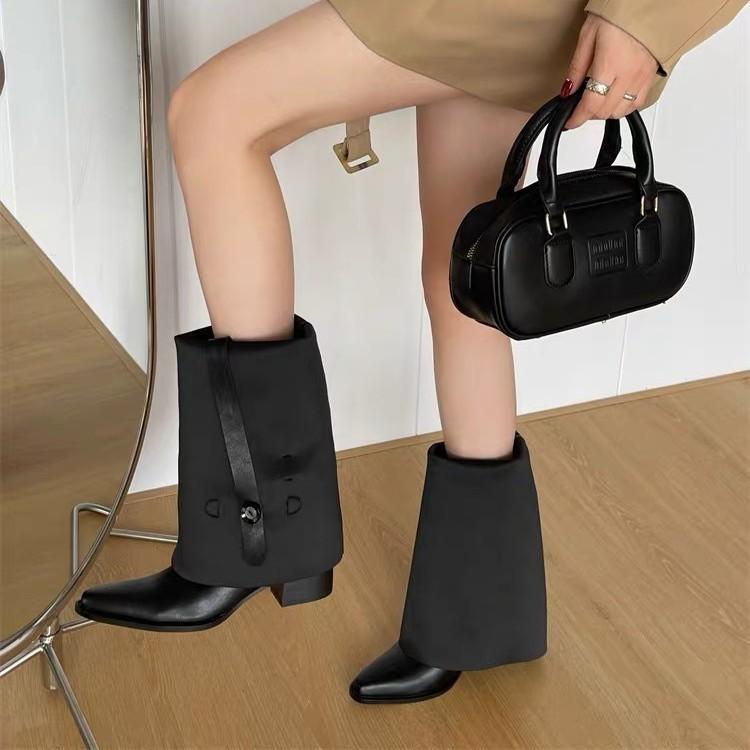 Maillard Pile Boots Women's Long Boots Autumn and Winter Pointed Head Thick Heel Two Wear Belt Buckle Knight Boots High Boots