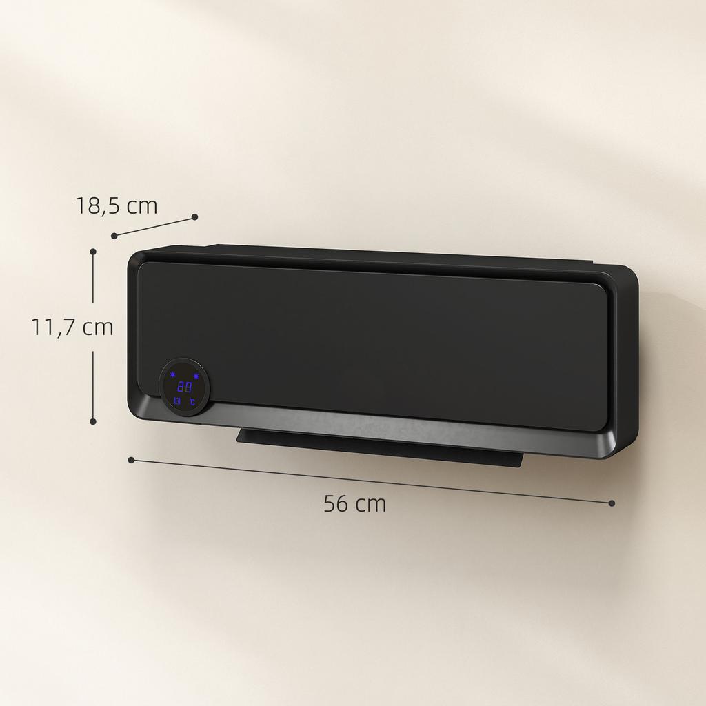 Electric Wall Heater 1000W/2000W Stove with LED Display IPX2 and Remote Control 56x11.7x18.5 Cm Black