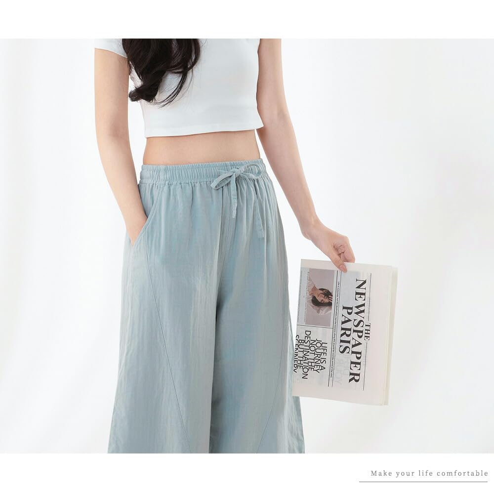 Pajama Double Wide Solid Blue [Yes family] Women's Pants, Gauze, 100% Cotton, Leg, Color, Large,