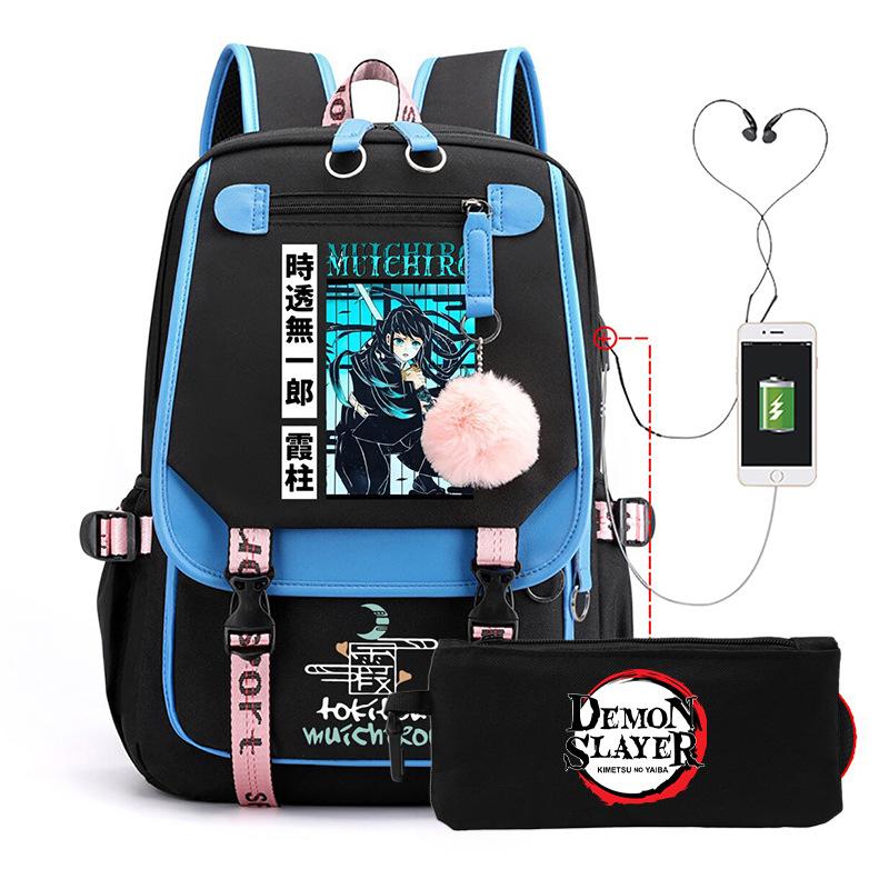Two-dimensional peripheral day man ghost extinguishing backpack pencil bag large capacity student leisure schoolbag with USB port
