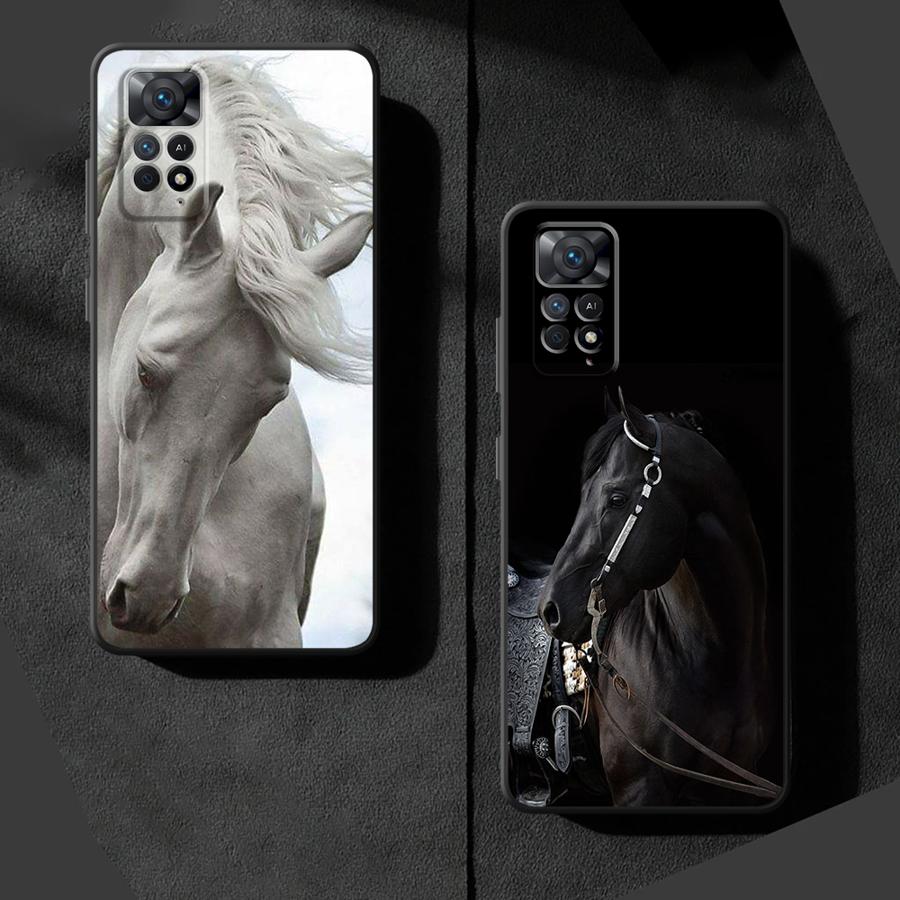 Hülle für Xiaomi Redmi Note 9 10 11 12 Pro 11s 13 14 Pro Plus 10S 12s 9S 7 8 Schwarz Weiche Handyhülle Pferd Tier