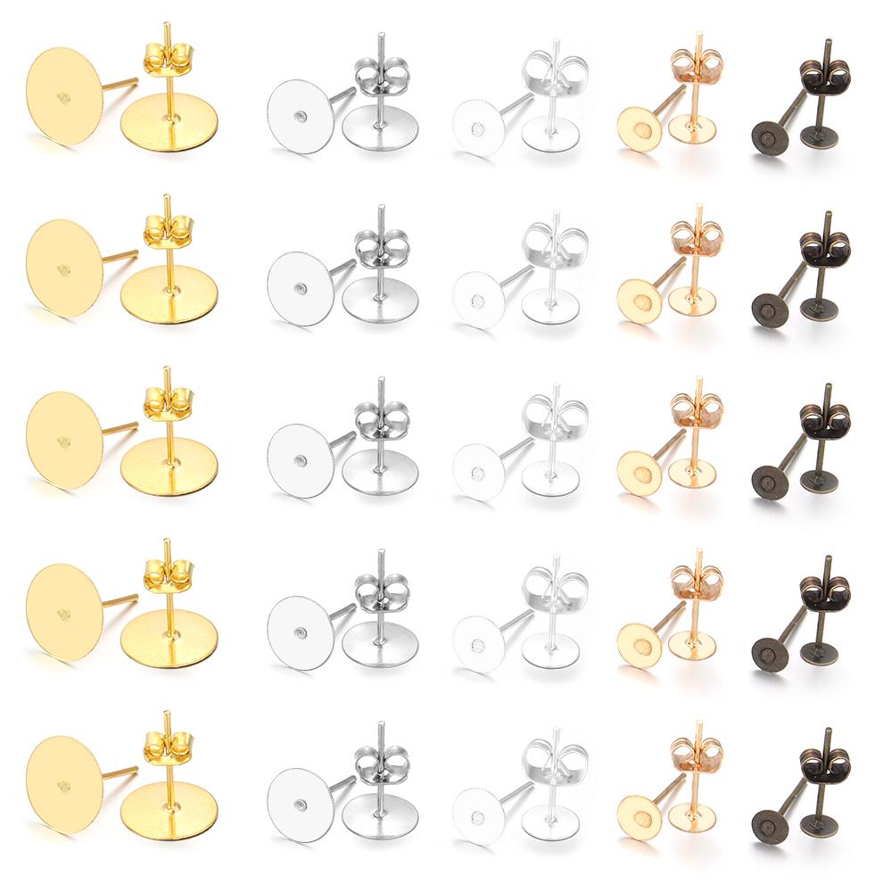 100-200pcs/lot Metal Blank Post Earring Studs Base Pins With Earring Plug Earring Base Tray For Jewelry Making DIY Earring