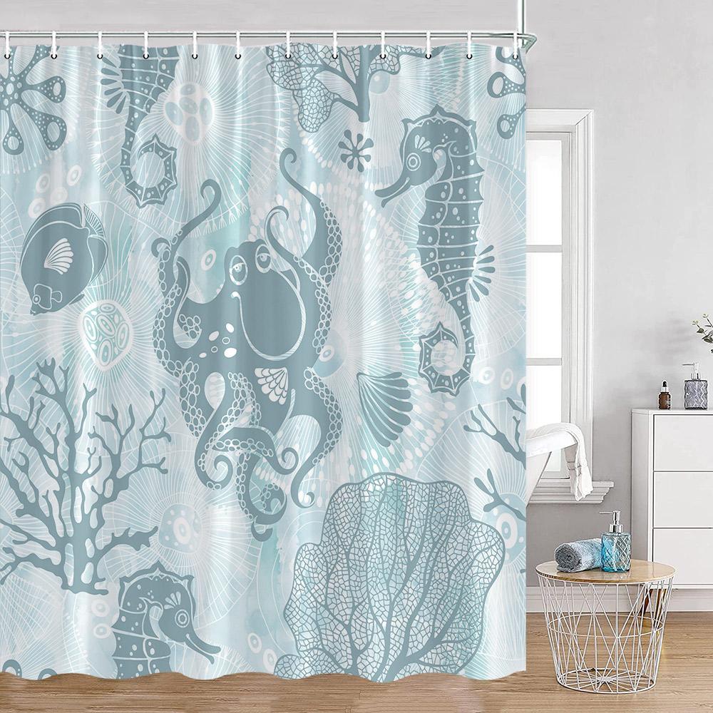 Cartoon Ocean Animals Watercolor Shower Curtains Octopus Turtle Jellyfish Whale Sea Bathroom Decorations Polyester Bath Curtains