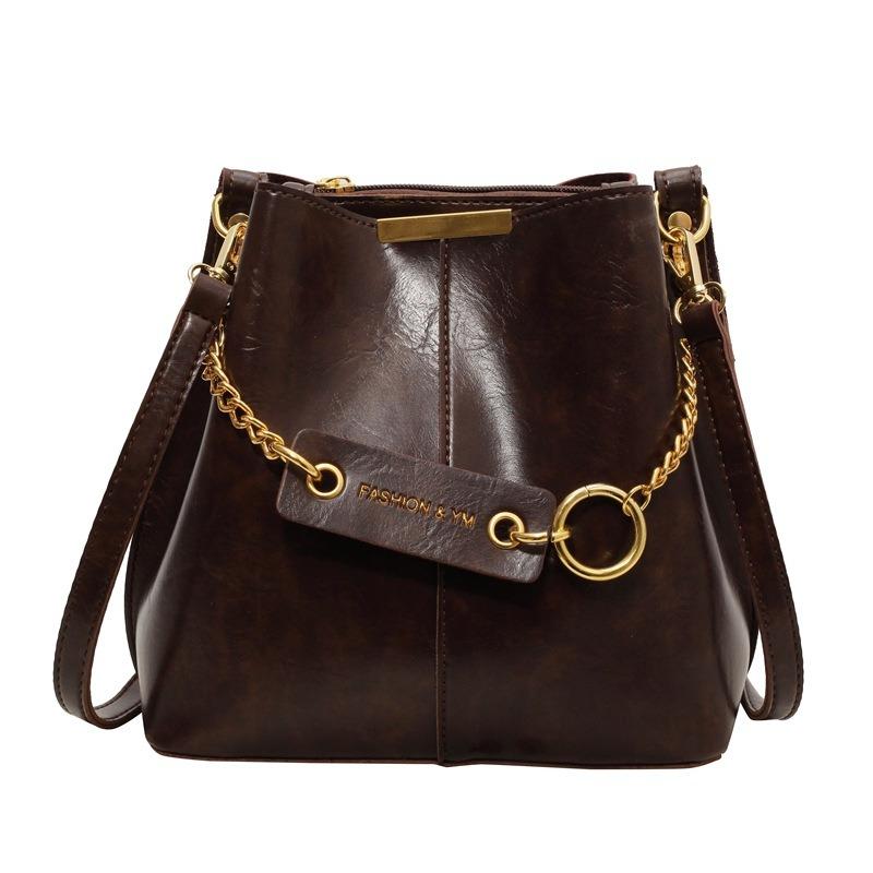 Large Capacity Retro Bag Women's Chain Shoulder Bag Fashionable and Simple Portable Bucket Bag Portable Bucket Type
