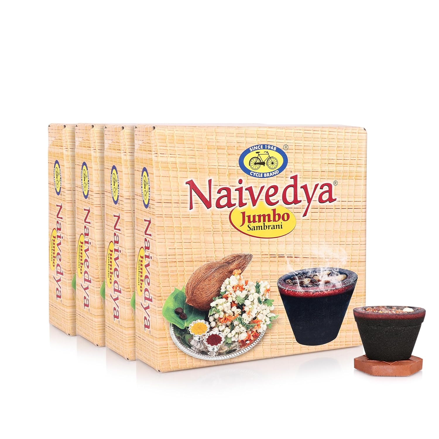 

Cycle Pure Naivedya Jumbo Sambrani Dhoop 3 Cups+ 1 Burner Plate/Pack Cups for Pooja Home Festivals Strong Natural Guggal Fragrance Pack of 4