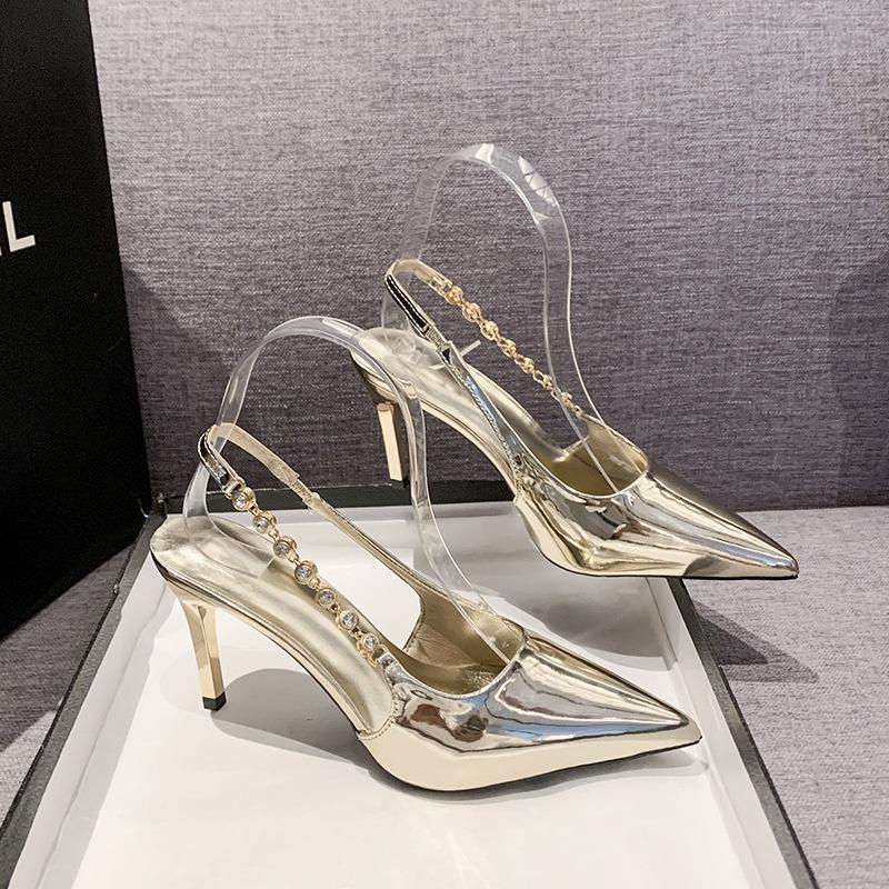 Women's Silver Patent Leather Rhinestone Slingback Pumps,Pointed Toe Stiletto High Heel Sandals