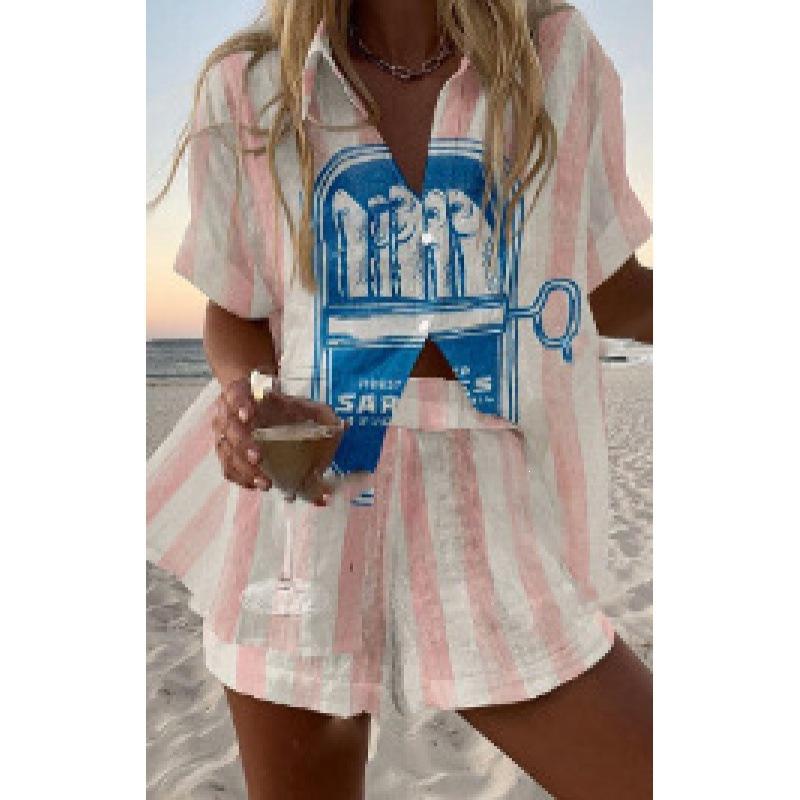Sommar Ny Dam Tryckt Kortärmad Skjorta Set Hög Midja Löst Tryckt Shorts Tvådelat Casual Mångsidigt Set
