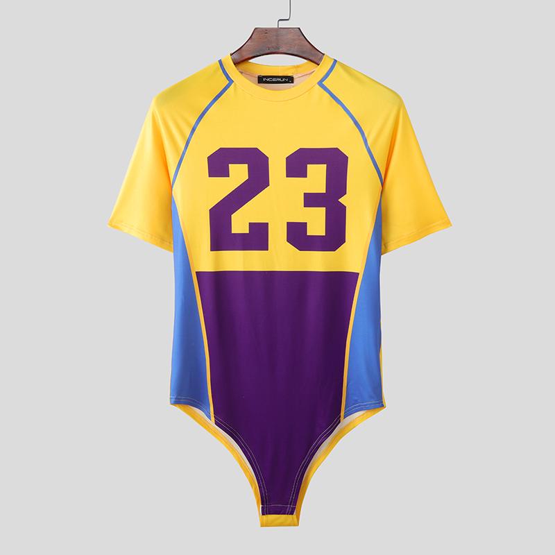 INCERUN Men's Short Sleeve Letter Print Fitted Leotard Jumpsuits Underwear One Piece Suit