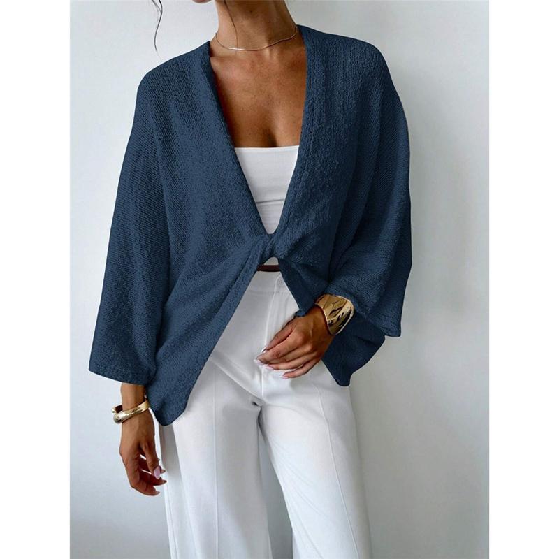 

Свитер с перекрестной вязкой для женщин, однотонный, с глубоким V-образным вырезом, с длинным рукавом, свободный, короткий топ, осенняя элегантная женская повседневная верхняя одежда L синий