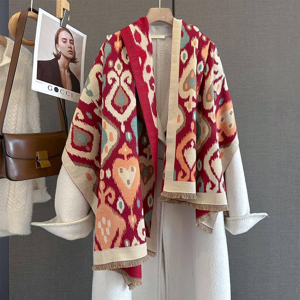 Retro Contrasting Color Love Geometric Pattern Printed Scarf Autumn and Winter Warm Scarf Women's Multi-functional Outer Shawl