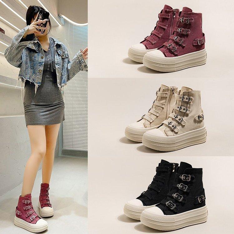 Women's High Canvas Shoe Design Buckle Strap Zip Simplicity Female Shoes Street Grace Waling Shoes