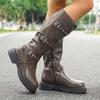 Punk Metal Belt Buckle Pu Knee High Boots Women 2025 Winter Sexy Medium Heel Black Long Riding Boots Casual Western Cowboy Shoes