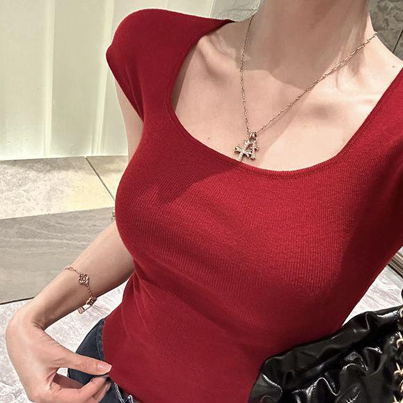 2025 Summer Women's Square Neck Short Sleeve Knit T-Shirt: Spicy Slimming Base Top