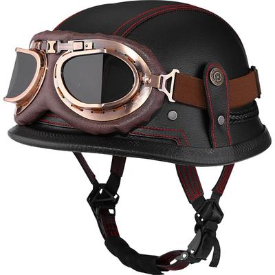 Motorcycle Half Helmet Retro German Handmade Leather Half Face Quick Release Buckle Goggles - DOT Approved (Black Red Line, L)