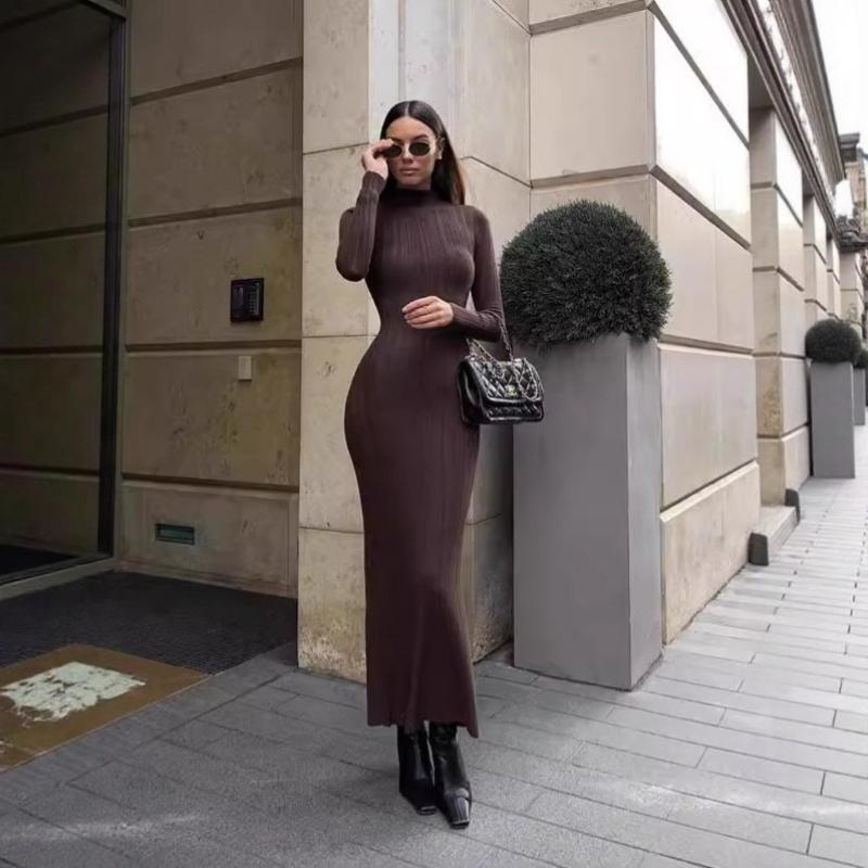 Damen Turtleneck Bodycon Kleid für Herbst und Winter, Französischer Stil Strick-Midikleid mit langen Ärmeln, Elegante schmal geschnittene Strickware für den Abend
