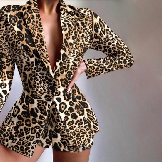 2 Pcs/Set Women Blazer Shorts Set Long Sleeves Slim Fit Elegant Deep V Neck Wash-and-wear Leopard Print